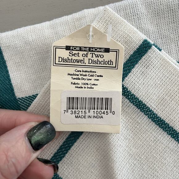 Kitchen Dishtowel Dishcloth Sets NWT Lot Of 3 Teal Green & White Cotton India - Picture 5 of 5